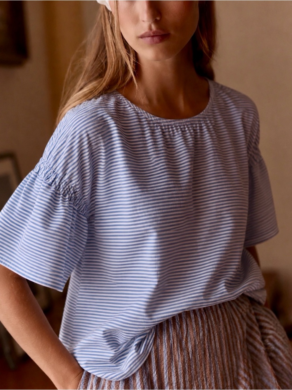 Tibi Striped Flutter Sleeve Top